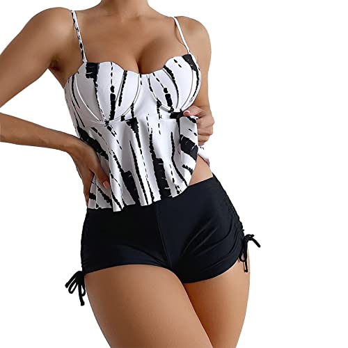 Bikini Oberteil,Damen-Tankini-Badeanzüge, zweiteilige Neckholder-Badeanzüge, abgestuftes Volant-Oberteil mit Boyshorts-Badebekleidung Seiden Top Mit Spitze Umstands Tankini Oberteil Damen Bikini von Wdgfv