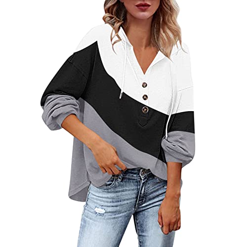 Damen Bluse Schwarz Frauen Casual Kapuzen Dreifarbig Spleißen Druck Kordelzug Lange Ärmel Knopf Sweatshirt Hoodie Top Strickjacken (Black, S) Tunika Boho T-Shirts,Langarm Pullover von Wdgfv