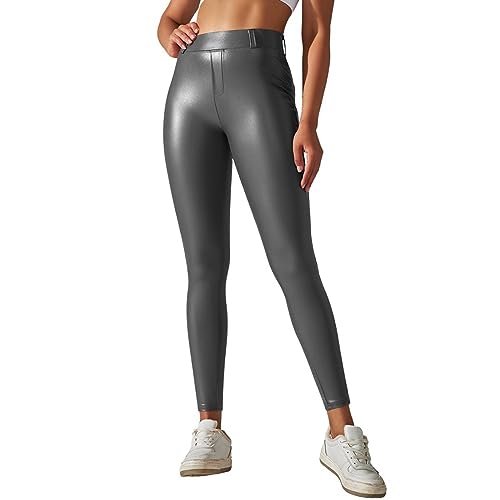 Pu Leather Pants Women Leggings Damen - Latex Leggings High Waist Lange Leggings Pu Leder Hose Lackleder Leggings Skinny Fit Strumpfhosen Treggings Nass Aussehen Glänzend Jeggings Hosen Grau von Wdgfv