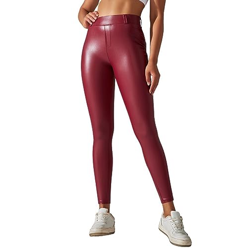 Pu Lederhose Damen Damen Leder Leggings Hitueu High Waist sexy Wetlook Pants Lederhose treggins PU Hose Stretch Skinny Lederhose Lack Kunstleder Strumpfhose Schlank Yoga-Hose Rot von Wdgfv