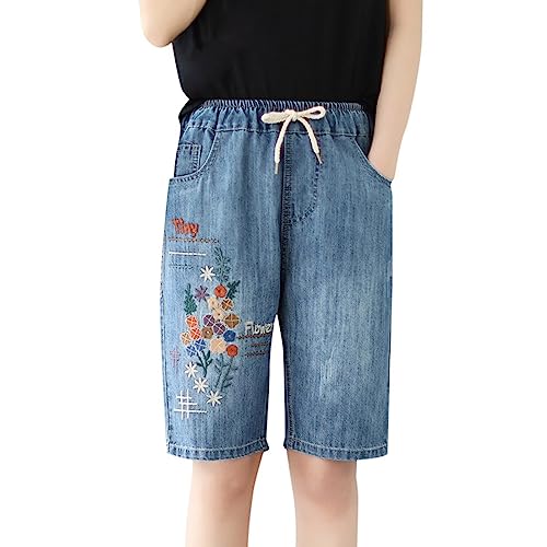 Sommerhosen Damen Tiefer Bund Frauen Sommer Retro Stil Stickerei Selbst Krawatte Plus Größe Mittlere Länge Hosen Künstlerische Casual Riss Gerade Jeans Weise Jeanshosen Damen Hose Damen Stretch von Wdgfv