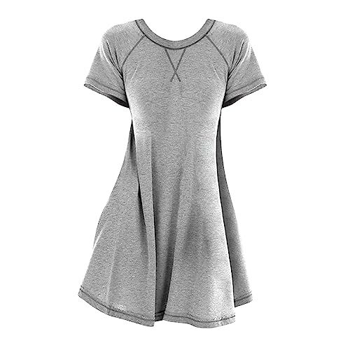 Sommerkleid Leinen Rundhals-Kurzarm-Freizeitkleid, modischer Pullover, solide Tasche, Mittelkleid Kleider Damen Langarm T-Shirt Blouse Tunic Dresses for Women Party New Partykleid MäDchen 104 von Wdgfv