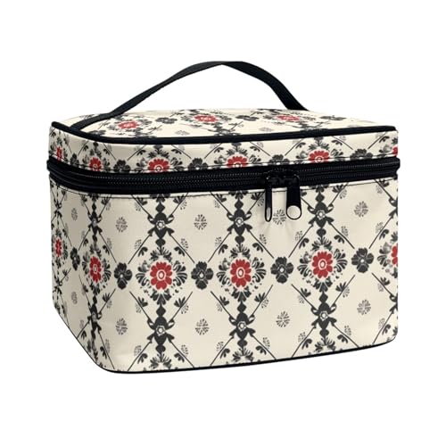 Wdktrgetd Personalisierte Make-up-Tasche für Damen und Jugendliche, großer Reise-Kosmetik-Organizer (15 x 15 x 5 cm), Karomuster im Ethno-Stil von Wdktrgetd