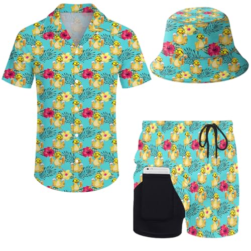 Wdpsuxin Herren 2-teiliges Hawaii-Trainingsanzug-Set mit Button-Down-Shirt und Kompressionsfutter, Shorts, Set mit Eimerhüten, Beerduck, Large von Wdpsuxin