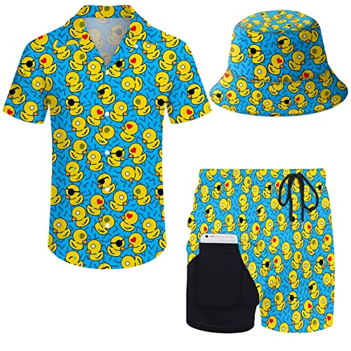 Wdpsuxin Herren 2-teiliges Hawaii-Trainingsanzug-Set mit Button-Down-Shirt und Kompressionsfutter, Shorts, Set mit Eimerhüten, Retro 80er 90er Jahre Grafik Gummiente Blau, Large von Wdpsuxin