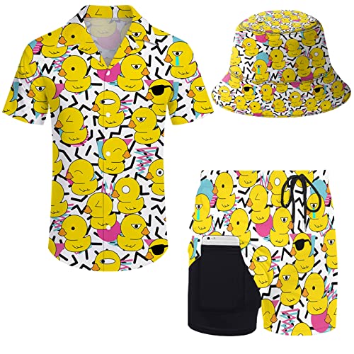 Wdpsuxin Herren 2-teiliges Hawaii-Trainingsanzug-Set mit Button-Down-Shirt und Kompressionsfutter, Shorts, Set mit Eimerhüten, Retro 80er 90er Jahre Memphis Graphics Badeente, X-Large von Wdpsuxin