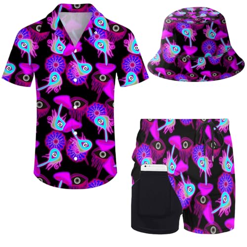 Wdpsuxin Herren 2-teiliges Hawaii-Trainingsanzug-Set mit Button-Down-Shirt und Kompressionsfutter, Shorts, Set mit Eimerhüten, Trippy Magic Mushroom Purple, X-Large von Wdpsuxin