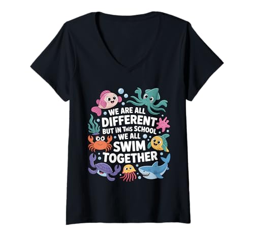 Damen We Are Different But in This School We All Swim Together T-Shirt mit V-Ausschnitt Damen We Are Different But in This School We All Swim Together T-Shirt mit V-Ausschnitt von We Are Different But in This School We All Swim