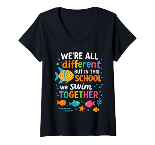 Damen We Are Different But in This School We All Swim Together T-Shirt mit V-Ausschnitt Damen We Are Different But in This School We All Swim Together T-Shirt mit V-Ausschnitt von We Are Different But in This School We All Swim