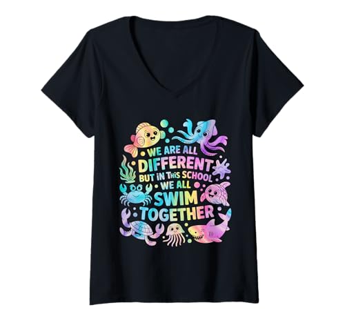 Damen We Are Different But in This School We All Swim Together T-Shirt mit V-Ausschnitt Damen We Are Different But in This School We All Swim Together T-Shirt mit V-Ausschnitt von We Are Different But in This School We All Swim