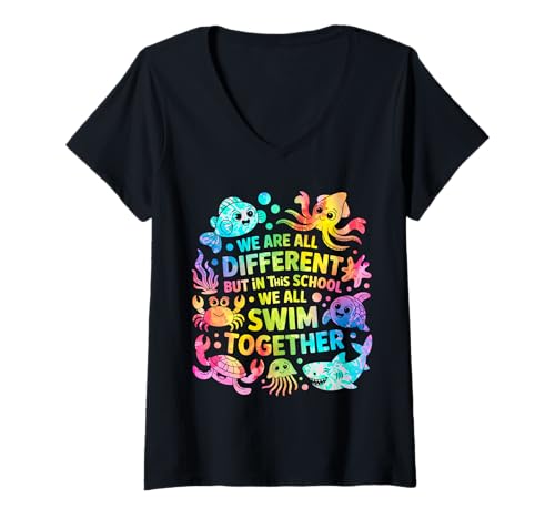 Damen We Are Different But in This School We All Swim Together T-Shirt mit V-Ausschnitt Damen We Are Different But in This School We All Swim Together T-Shirt mit V-Ausschnitt von We Are Different But in This School We All Swim