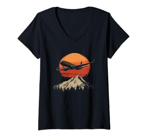 Damen Flugzeug Pilot Berge Vintage Sonnenuntergang T-Shirt mit V-Ausschnitt Damen Flugzeug Pilot Berge Vintage Sonnenuntergang T-Shirt mit V-Ausschnitt von We Love Airplanes - Pilot Apparel & Gifts