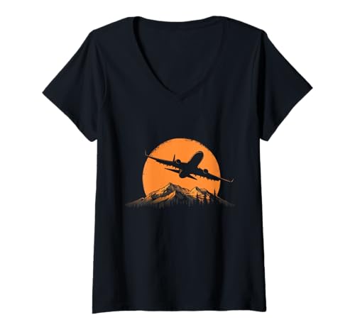 Damen Flugzeug Pilot Berge Vintage Sonnenuntergang T-Shirt mit V-Ausschnitt Damen Flugzeug Pilot Berge Vintage Sonnenuntergang T-Shirt mit V-Ausschnitt von We Love Airplanes - Pilot Apparel & Gifts