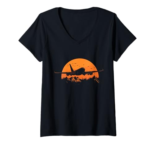 Damen Flugzeug Pilot Berge Vintage Sonnenuntergang T-Shirt mit V-Ausschnitt Damen Flugzeug Pilot Berge Vintage Sonnenuntergang T-Shirt mit V-Ausschnitt von We Love Airplanes - Pilot Apparel & Gifts