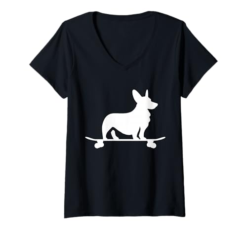 Damen Corgi On Skateboard Hundeliebhaber Corgi Mama Lustiger Skater T-Shirt mit V-Ausschnitt von We Love Corgi Dogs - Apparel & Gifts