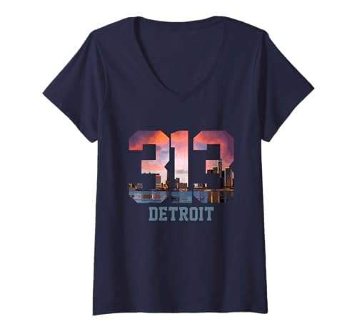 Damen Detroit Michigan 313 Vorwahl Pride Skyline T-Shirt mit V-Ausschnitt von We Love Detroit - Apparel & Gifts