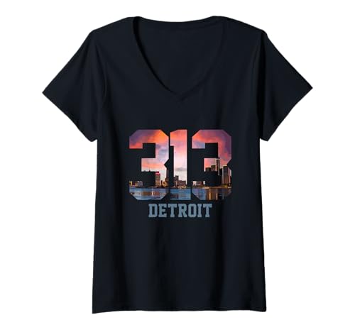 Damen Detroit Michigan 313 Vorwahl Pride Skyline T-Shirt mit V-Ausschnitt von We Love Detroit - Apparel & Gifts