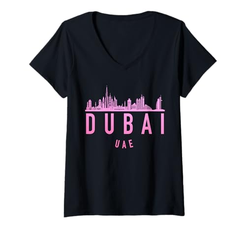 Damen Die rosafarbene Skyline von Dubai T-Shirt mit V-Ausschnitt Damen Die rosafarbene Skyline von Dubai T-Shirt mit V-Ausschnitt von We Love Dubai UAE - Apparel & Gifts