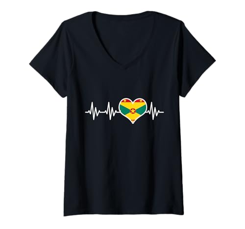 Damen Grenada Flagge Herzschlag Pride Karibik Grenadian T-Shirt mit V-Ausschnitt Damen Grenada Flagge Herzschlag Pride Karibik Grenadian T-Shirt mit V-Ausschnitt von We Love Grenada - Apparel & Gifts