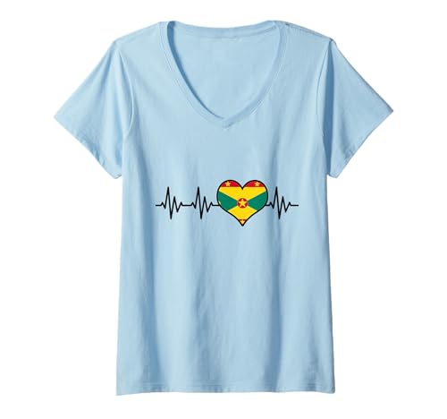 Damen Grenada Herzschlag Herz Flagge Pride Karibik Grenadian T-Shirt mit V-Ausschnitt Damen Grenada Herzschlag Herz Flagge Pride Karibik Grenadian T-Shirt mit V-Ausschnitt von We Love Grenada - Apparel & Gifts