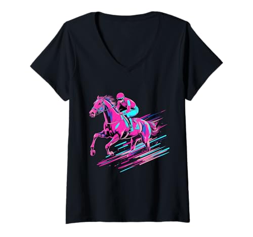 Damen Pferderennen Derby Racer Jockey Reiter Retro Wave T-Shirt mit V-Ausschnitt von We Love Horse Racing - Derby Apparel & Gifts