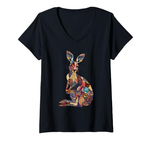 Damen Känguru buntes florales Tier Australien T-Shirt mit V-Ausschnitt von We Love Kangaroos