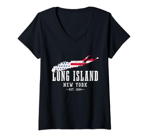 Damen Long Island New York Retro NY Pride Patriotisch T-Shirt mit V-Ausschnitt von We Love Long Island New York