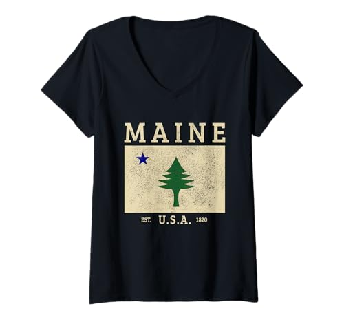 Damen Landkarte mit Flagge des Bundesstaates Maine Tree — Souvenirs Pride T-Shirt mit V-Ausschnitt Damen Landkarte mit Flagge des Bundesstaates Maine Tree — Souvenirs Pride T-Shirt mit V-Ausschnitt von We Love Maine - Apparel & Gifts