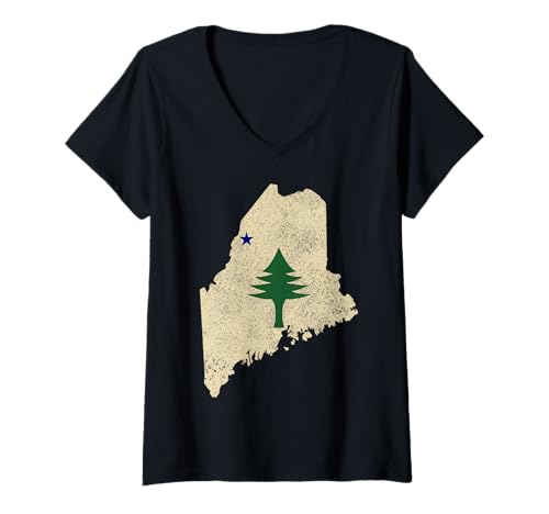 Damen Landkarte mit Flagge des Bundesstaates Maine Tree — Souvenirs Pride T-Shirt mit V-Ausschnitt Damen Landkarte mit Flagge des Bundesstaates Maine Tree — Souvenirs Pride T-Shirt mit V-Ausschnitt von We Love Maine - Apparel & Gifts