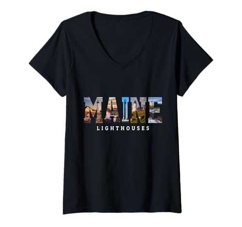 Damen Leuchtturm von Maine, Pine Tree State Pride T-Shirt mit V-Ausschnitt von We Love Maine - Apparel & Gifts