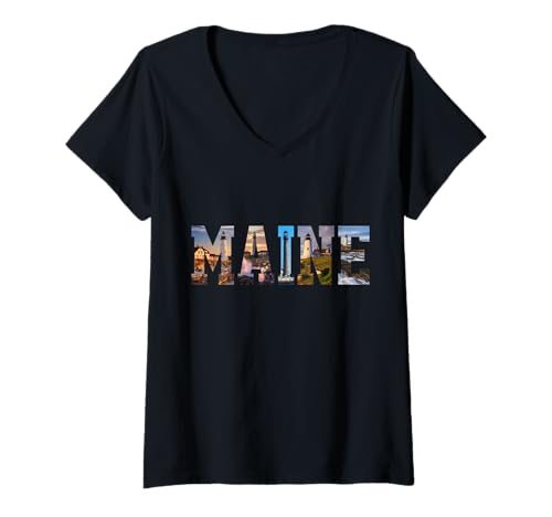 Damen Leuchtturm von Maine, Pine Tree State Pride T-Shirt mit V-Ausschnitt von We Love Maine - Apparel & Gifts