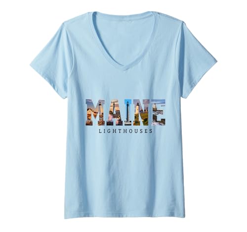 Damen Leuchtturm von Maine, Pine Tree State Pride T-Shirt mit V-Ausschnitt von We Love Maine - Apparel & Gifts