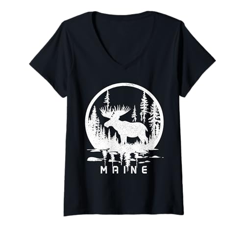 Damen Maine Elch Pine Tree State Souvenir Pride Vintage T-Shirt mit V-Ausschnitt Damen Maine Elch Pine Tree State Souvenir Pride Vintage T-Shirt mit V-Ausschnitt von We Love Maine - Apparel & Gifts