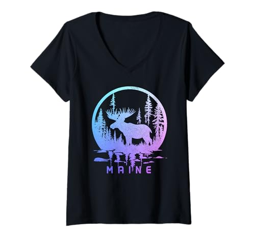 Damen Maine Elch Pine Tree State Souvenir Pride Vintage T-Shirt mit V-Ausschnitt Damen Maine Elch Pine Tree State Souvenir Pride Vintage T-Shirt mit V-Ausschnitt von We Love Maine - Apparel & Gifts