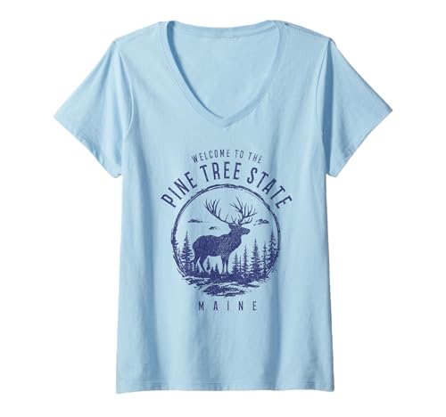 Damen Maine Elk Deer Pine Tree State Souvenirs Pride Naturliebhaber T-Shirt mit V-Ausschnitt von We Love Maine - Apparel & Gifts