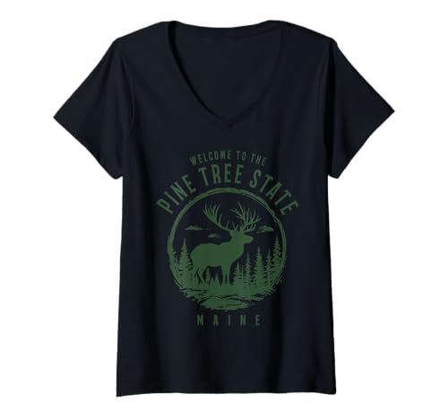 Damen Maine Pine Tree State Elch Hirsch Jagd Pride Vintage T-Shirt mit V-Ausschnitt von We Love Maine - Apparel & Gifts