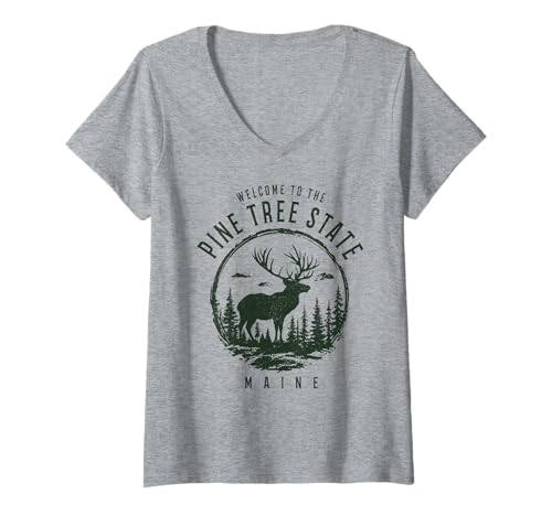 Damen Maine Pine Tree State Elch Hirsch Jagd Pride Vintage T-Shirt mit V-Ausschnitt von We Love Maine - Apparel & Gifts