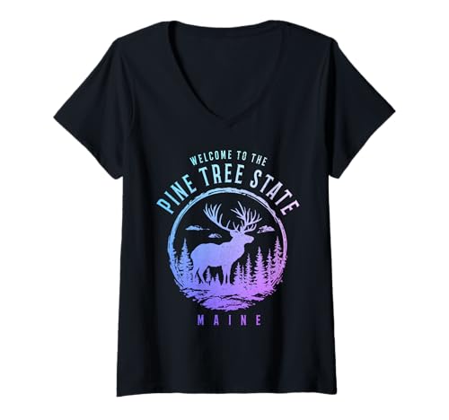 Damen Maine Pine Tree State Elch Hirsch Jagd Pride Vintage T-Shirt mit V-Ausschnitt von We Love Maine - Apparel & Gifts