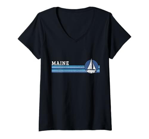 Damen Maine Sailing Souvenirs Maritime Nautische Segelboot T-Shirt mit V-Ausschnitt von We Love Maine - Apparel & Gifts
