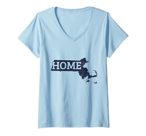 Damen Karte des Heimatstaates Massachusetts Pride T-Shirt mit V-Ausschnitt von We Love Massachusetts - Apparel & Gifts