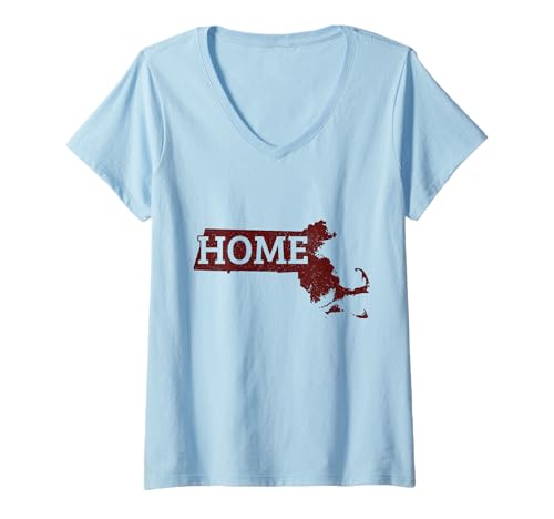 Damen Karte des Heimatstaates Massachusetts Pride T-Shirt mit V-Ausschnitt von We Love Massachusetts - Apparel & Gifts