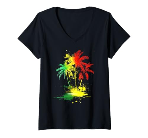 Damen Reggae Musik Palmen Rot Grün Gelb Jamaika T-Shirt mit V-Ausschnitt Damen Reggae Musik Palmen Rot Grün Gelb Jamaika T-Shirt mit V-Ausschnitt von We Love Reggae Music - Apparel & Gifts