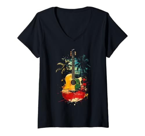 Damen Gitarrenspieler Palmen Reggae Musik Gitarrist Musiker T-Shirt mit V-Ausschnitt von We Love Reggae Music - Guitar Player Gifts