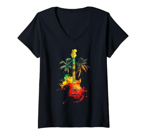 Damen Gitarrenspieler Palmen Reggae Musik Gitarrist Musiker T-Shirt mit V-Ausschnitt Damen Gitarrenspieler Palmen Reggae Musik Gitarrist Musiker T-Shirt mit V-Ausschnitt von We Love Reggae Music - Guitar Player Gifts