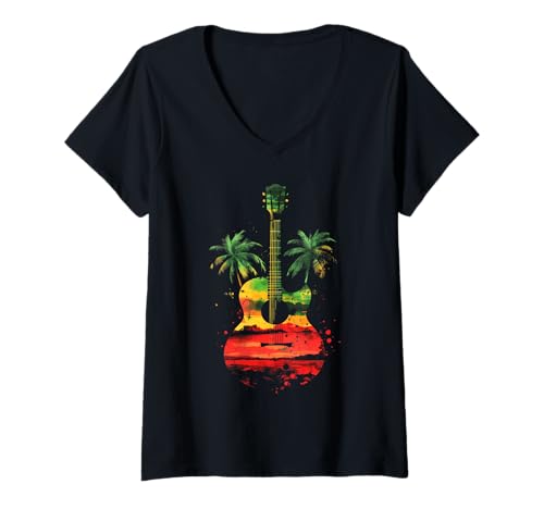 Damen Gitarrenspieler Palmen Reggae Musik Gitarrist Musiker T-Shirt mit V-Ausschnitt Damen Gitarrenspieler Palmen Reggae Musik Gitarrist Musiker T-Shirt mit V-Ausschnitt von We Love Reggae Music - Guitar Player Gifts