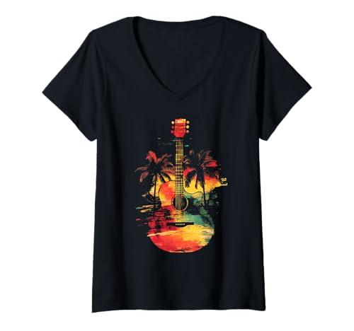 Damen Gitarrenspieler Palmen Reggae Musik Gitarrist Musiker T-Shirt mit V-Ausschnitt Damen Gitarrenspieler Palmen Reggae Musik Gitarrist Musiker T-Shirt mit V-Ausschnitt von We Love Reggae Music - Guitar Player Gifts