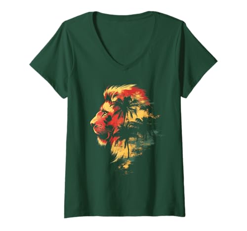Damen Löwe von Judah Reggae Musik Palmen Jamaika Rastafari T-Shirt mit V-Ausschnitt von We Love Reggae Music - Lion Of Judah