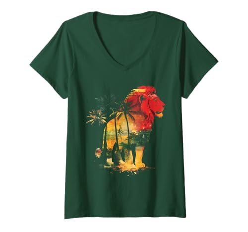 Damen Löwe von Judah Reggae Musik Palmen Jamaika Rastafari T-Shirt mit V-Ausschnitt von We Love Reggae Music - Lion Of Judah