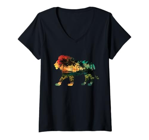 Damen Löwe von Judah Reggae Musik Palmen Jamaika Rastafari T-Shirt mit V-Ausschnitt von We Love Reggae Music - Lion Of Judah