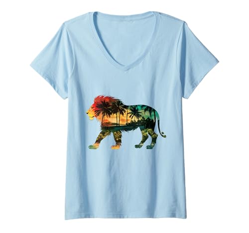 Damen Löwe von Judah Reggae Musik Palmen Jamaika Rastafari T-Shirt mit V-Ausschnitt von We Love Reggae Music - Lion Of Judah